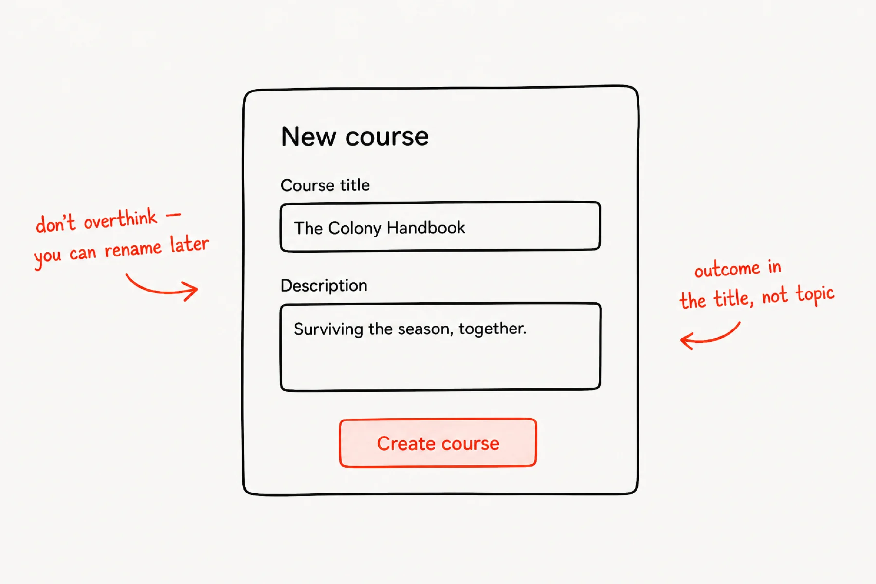 New-course form filled with The Colony Handbook and its description.