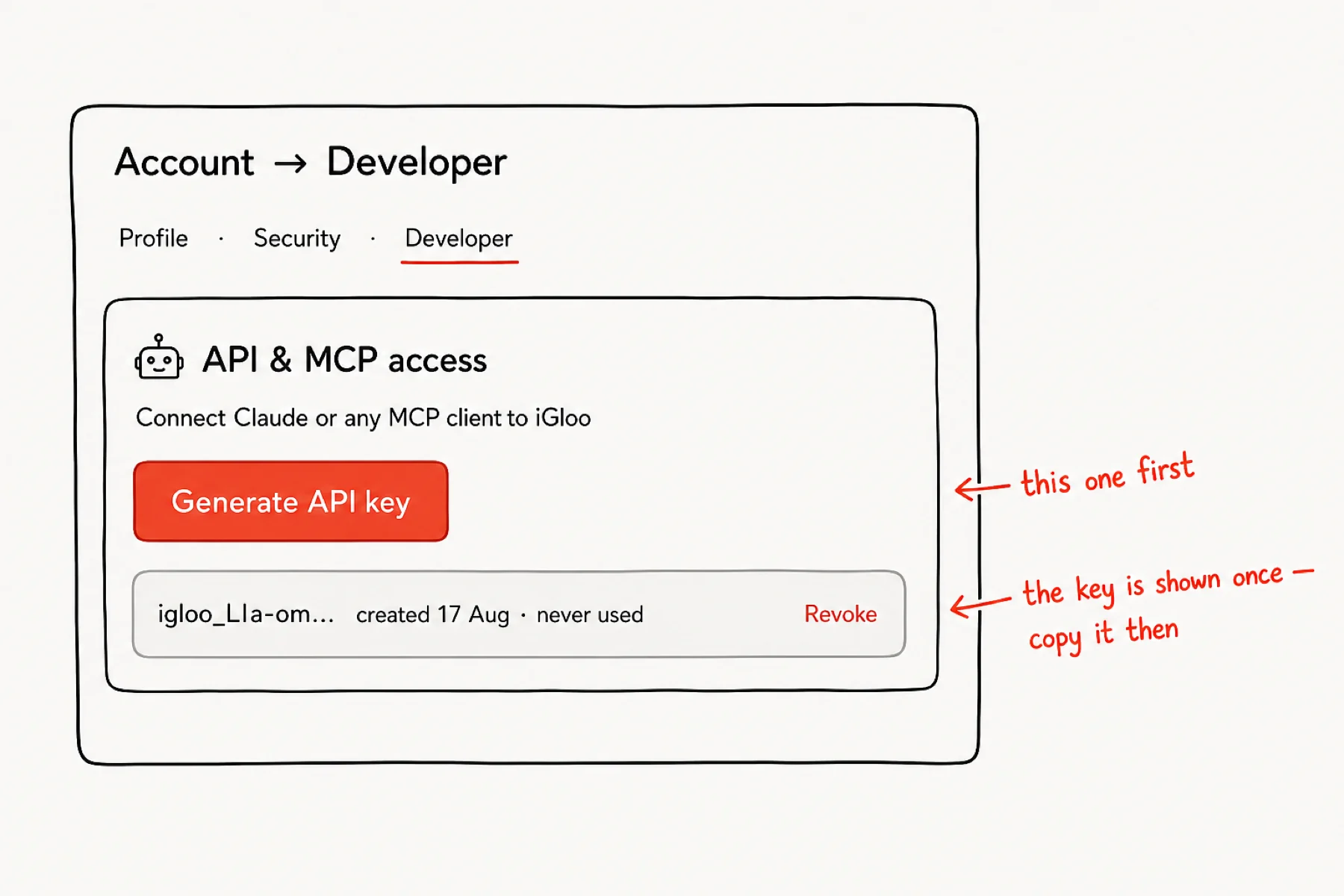 Developer apps list with the AI MCP connection first and Connect highlighted.