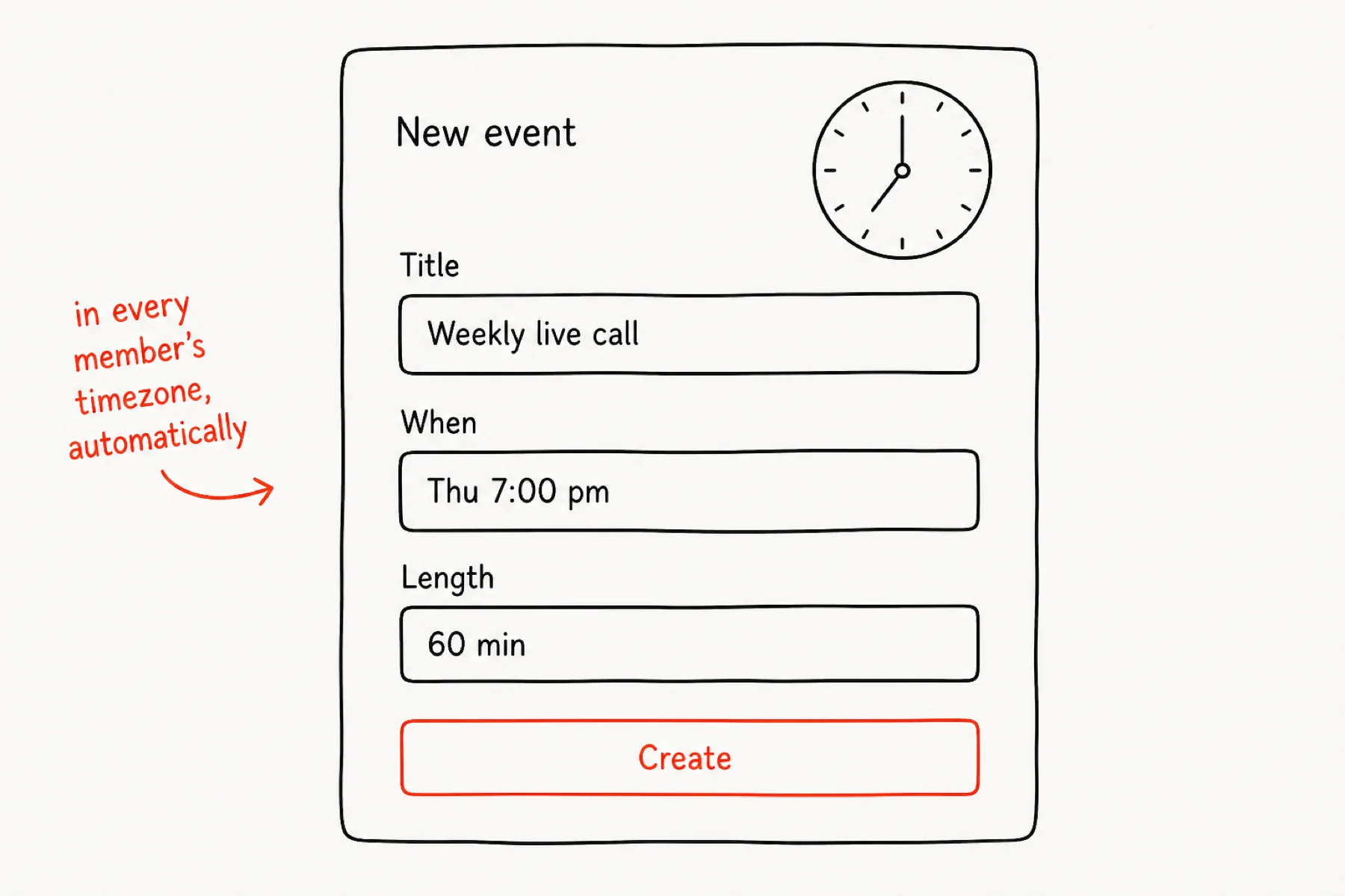 New-event form for a Thursday weekly live call with time and duration.
