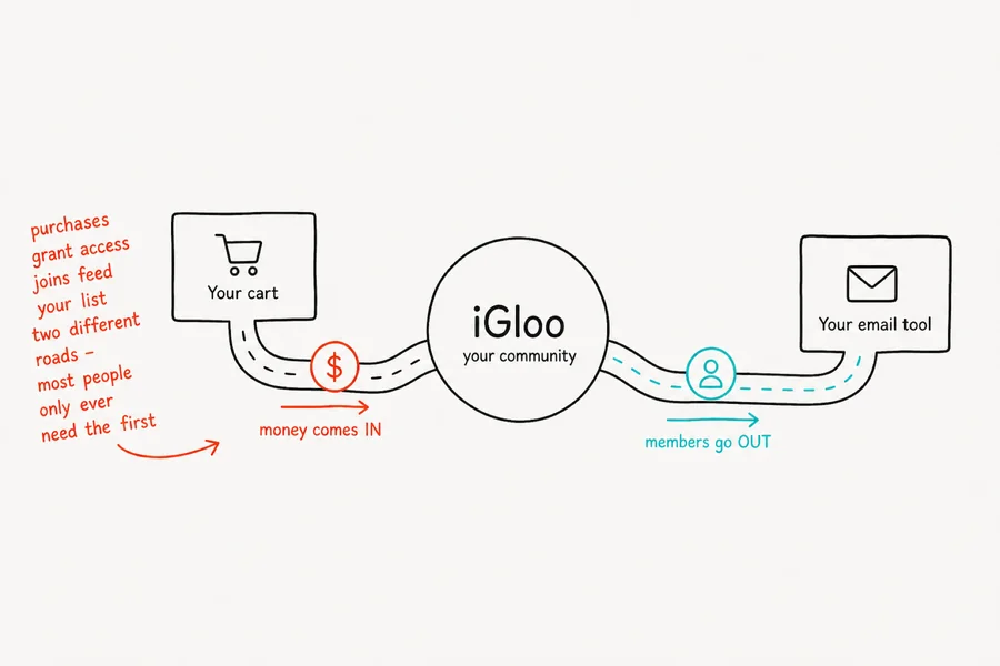 Cart purchases flowing into iGloo while joined members flow out to an email tool.