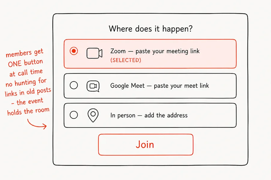 iGloo event settings showing locations and a Join button