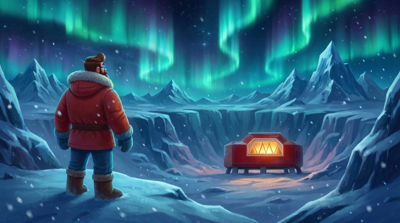 The iGloo station glowing beneath the southern lights