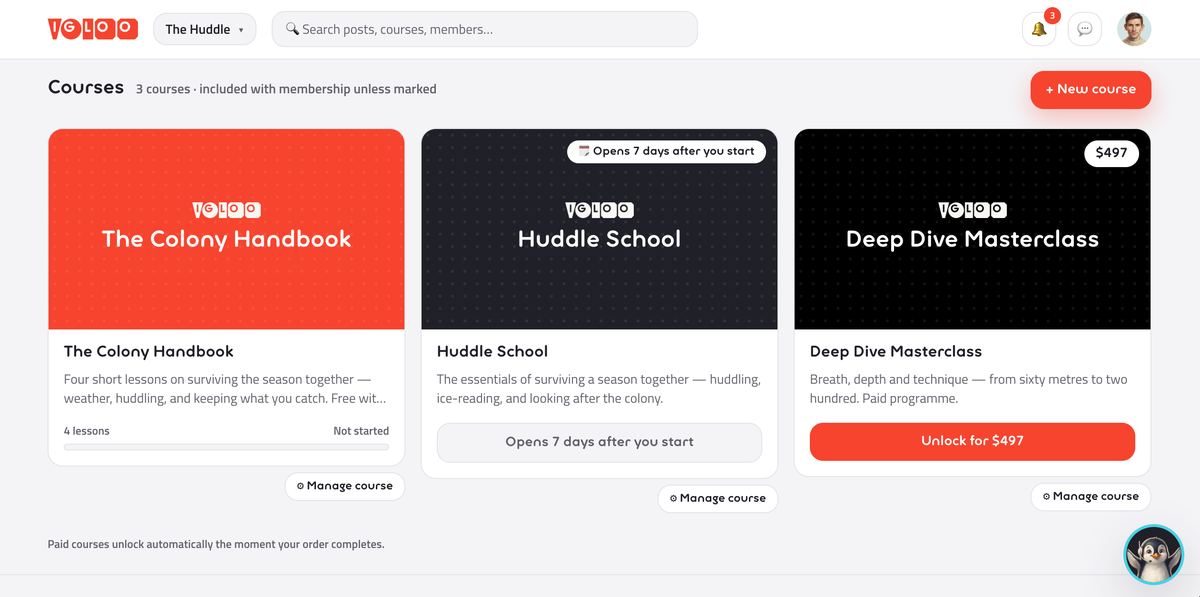 Courses shelf: one free with membership, one dripping, one locked behind a price