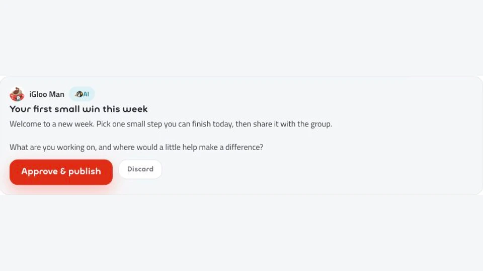 Actual staff Assistant draft layout with fictional sample post and Approve and publish and Discard buttons