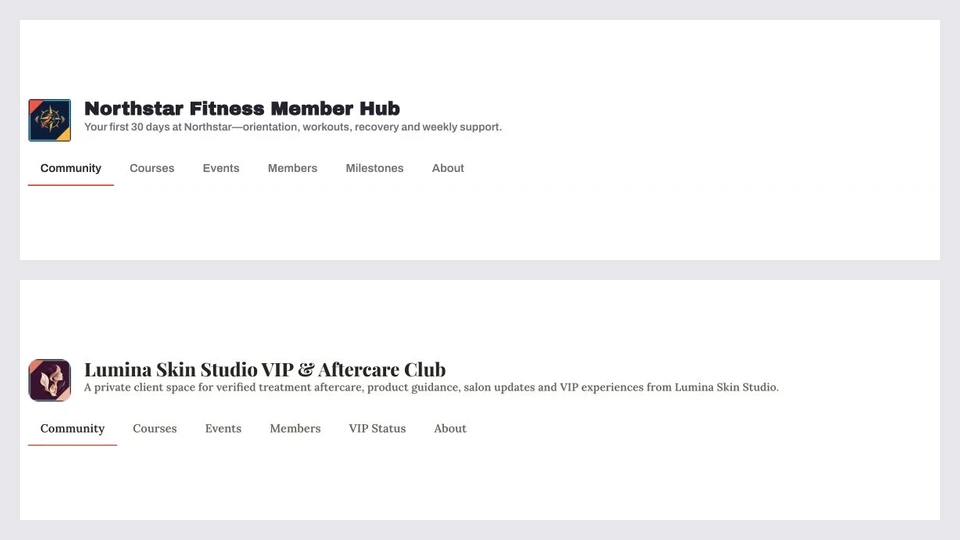 Northstar Fitness and Lumina Skin Studio with distinct community names and content