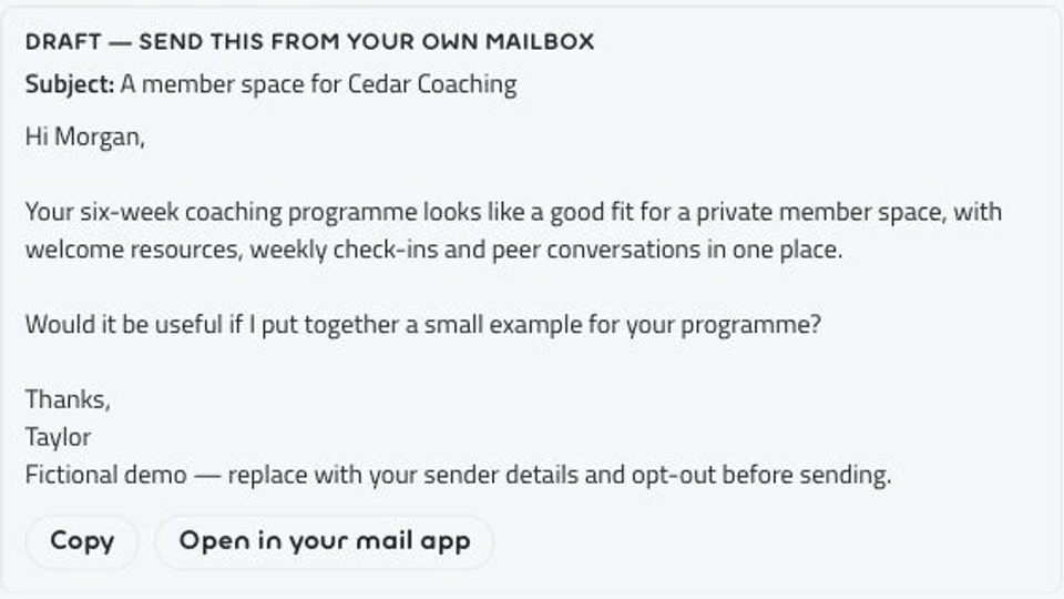 Actual draft-review controls with sample subject, message, Copy and Open in your mail app actions