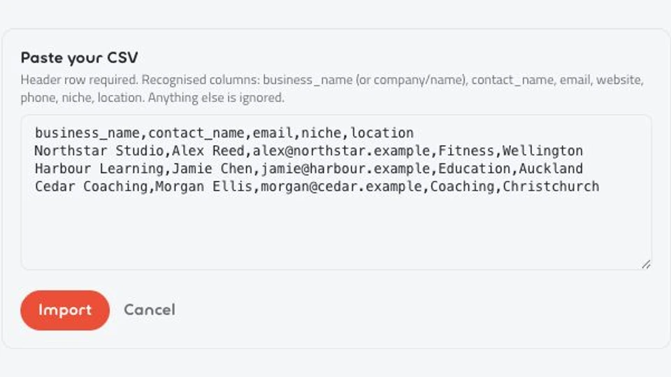 Actual CSV import interface with recognised business and contact fields