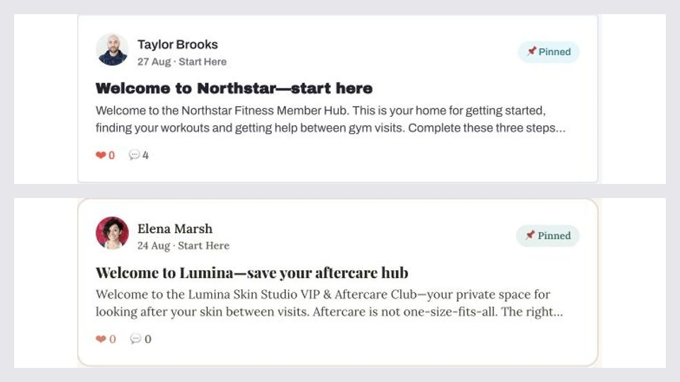 Different typography and surfaces in real Northstar Fitness and Lumina Skin Studio communities