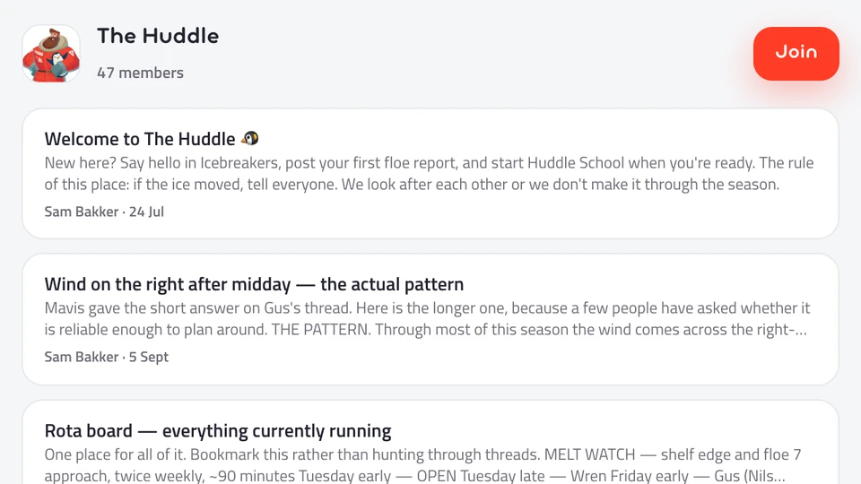 Actual Huddle website widget with a Join button and recent community posts
